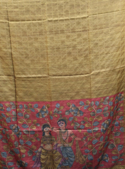 Semi Tussar Saree - Radha Krishna Print Mustard