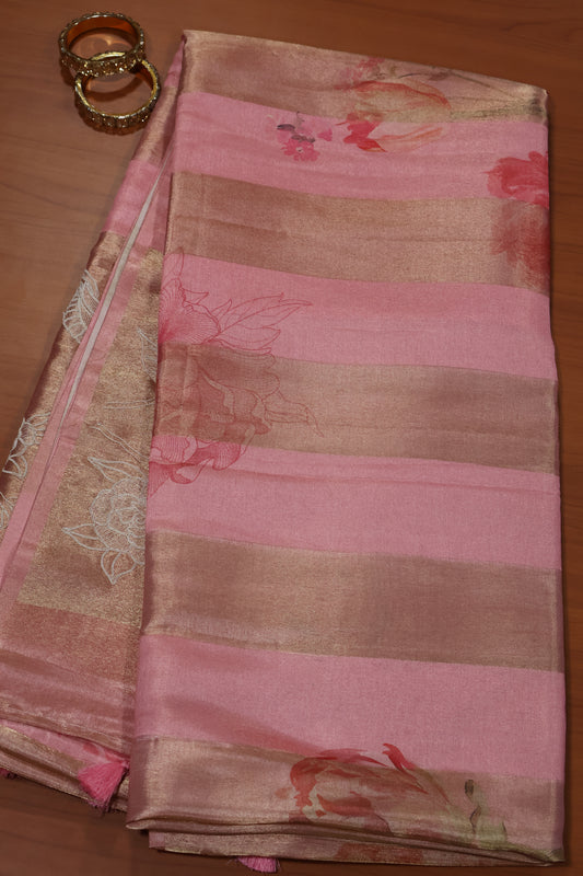 Tissue Linen Saree-Pink Flower With Sparrow Embryoid