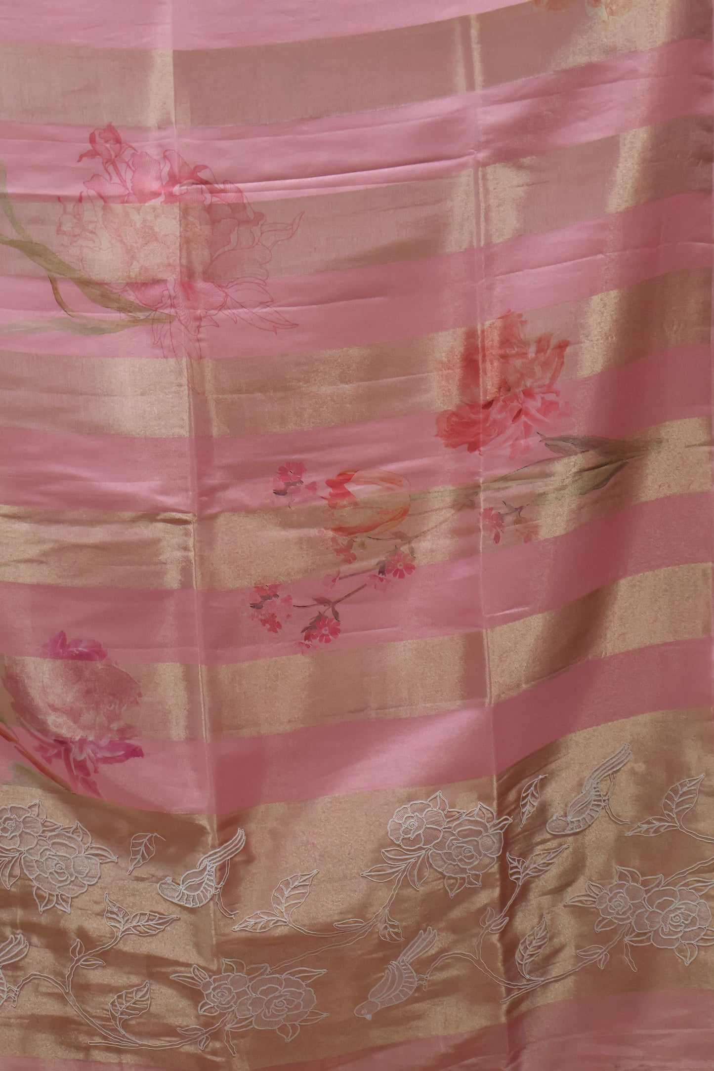 Tissue Linen Saree-Pink Flower With Sparrow Embryoid