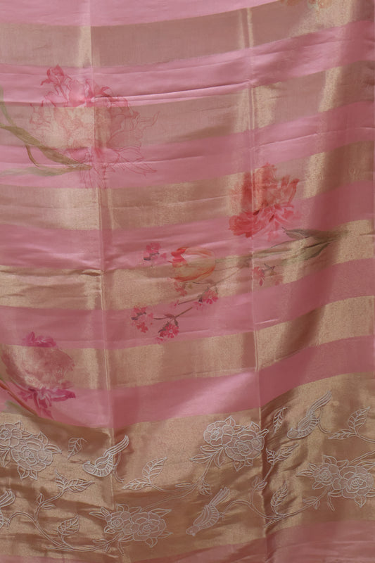 Tissue Linen Saree-Pink Flower With Sparrow Embryoid