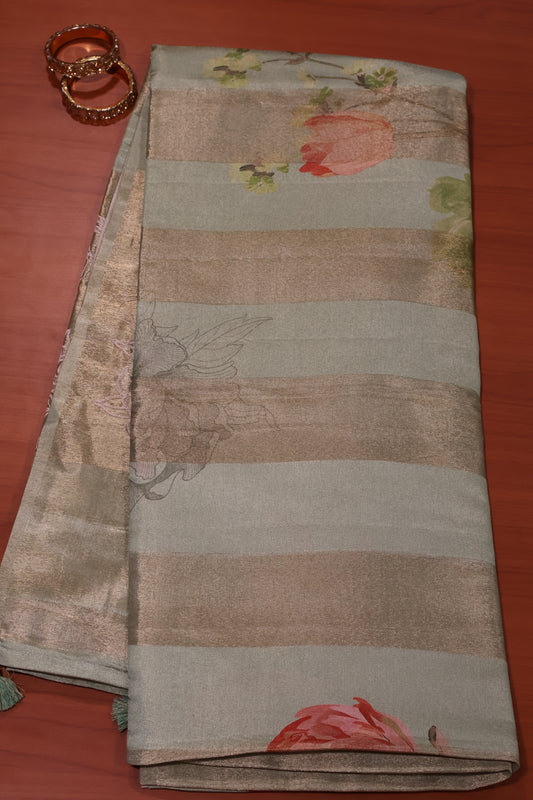 Tissue Linen Saree-Green Flower With Sparrow Embryoid