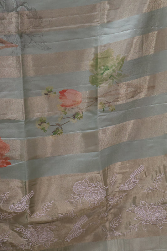 Tissue Linen Saree-Green Flower With Sparrow Embryoid