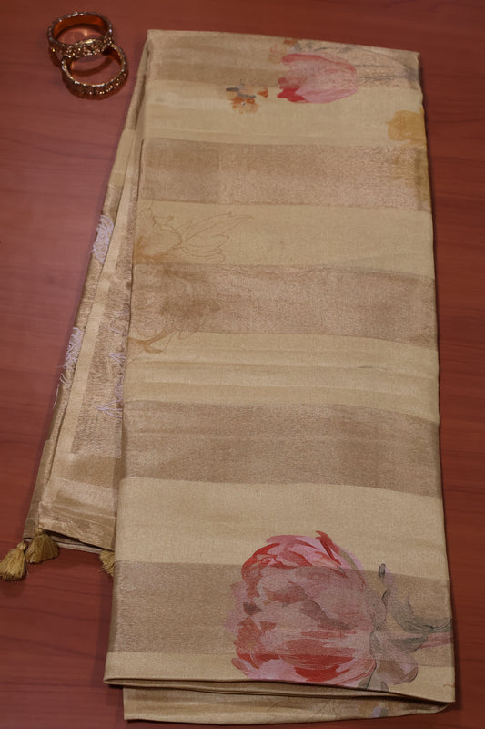 Tissue Linen Saree-Mustard Flower With Sparrow Embryoid