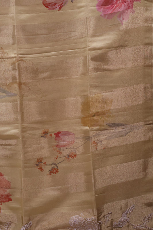 Tissue Linen Saree-Mustard Flower With Sparrow Embryoid