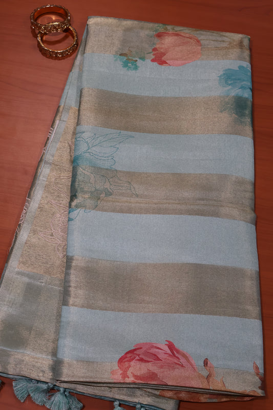 Tissue Linen Saree-Sea Green Flower With Sparrow Embryoid