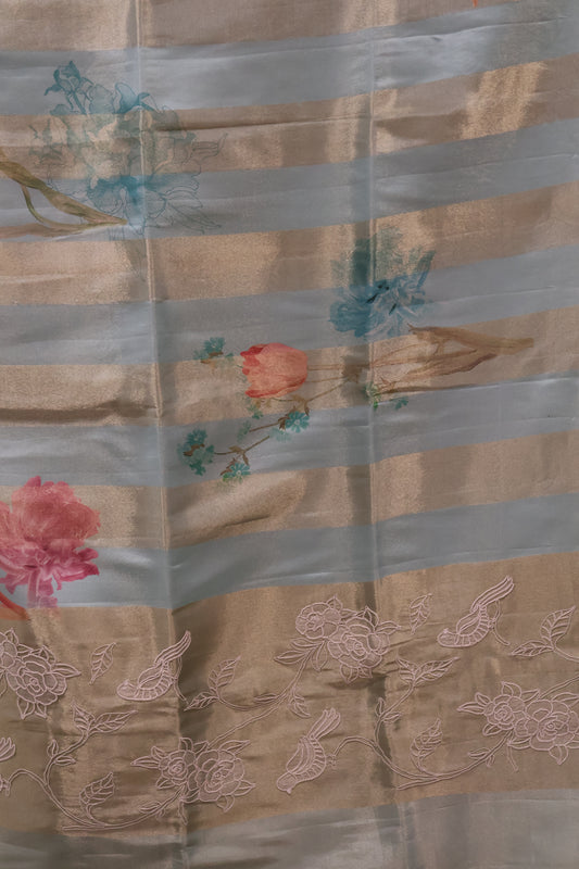 Tissue Linen Saree-Sea Green Flower With Sparrow Embryoid