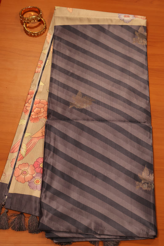soft tussar saree-Greyish Blue Sparrow Print