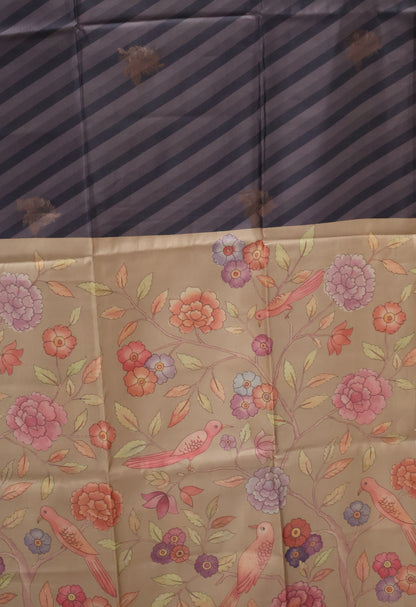 soft tussar saree-Greyish Blue Sparrow Print