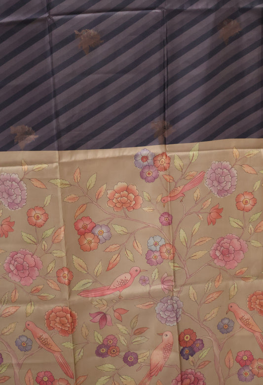 soft tussar saree-Greyish Blue Sparrow Print