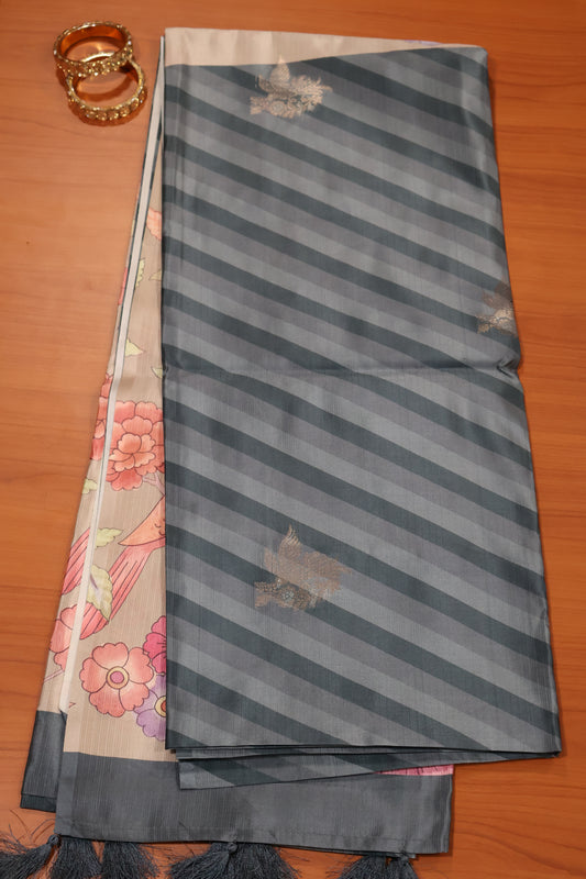 soft tussar saree-Metalic Blue Sparrow Lines