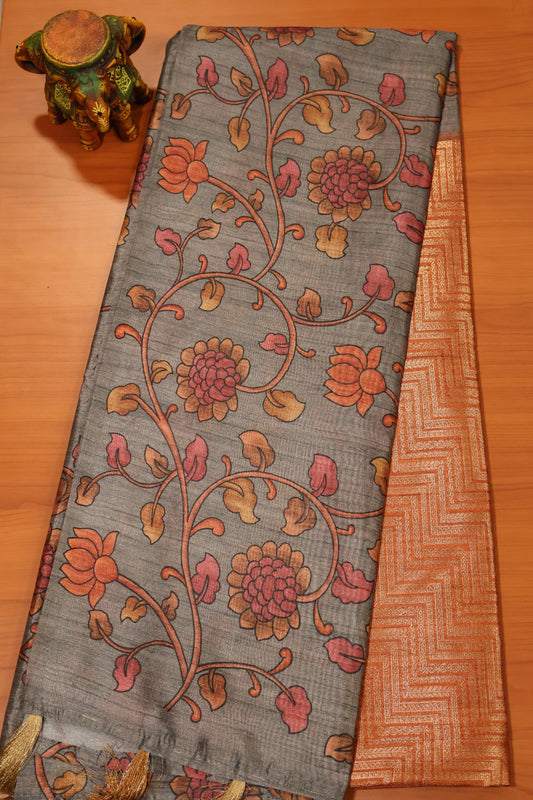 Fushion Kanjivaram Silk Saree-Orange Zig Zag Zari