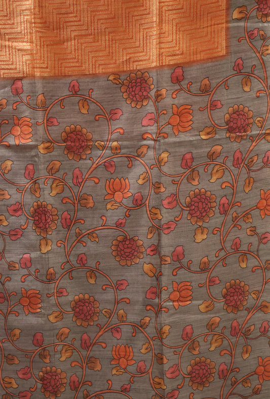 Fushion Kanjivaram Silk Saree-Orange Zig Zag Zari