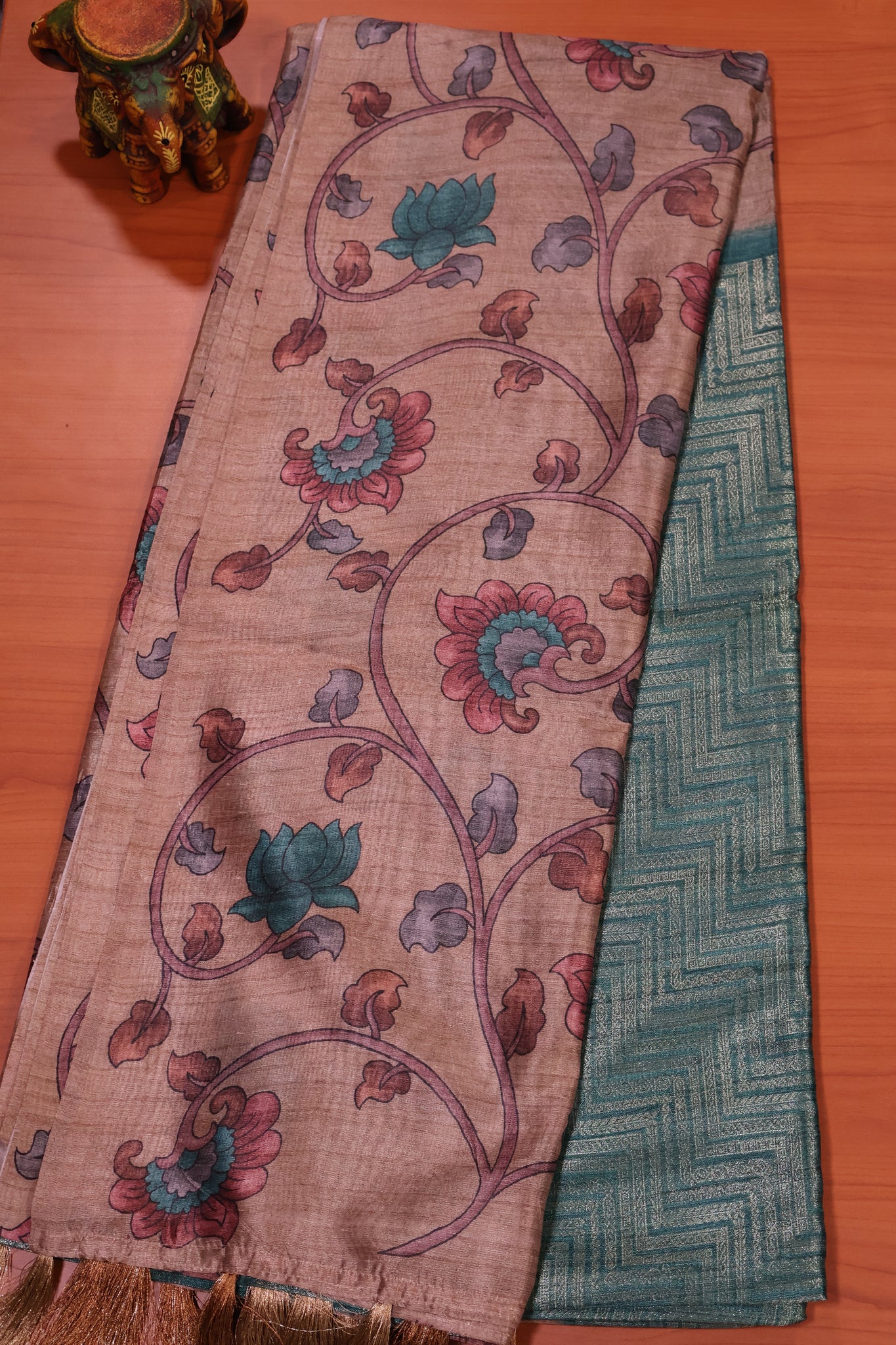 Fushion Kanchipuram Silk Saree-Green Zig Zag Zari