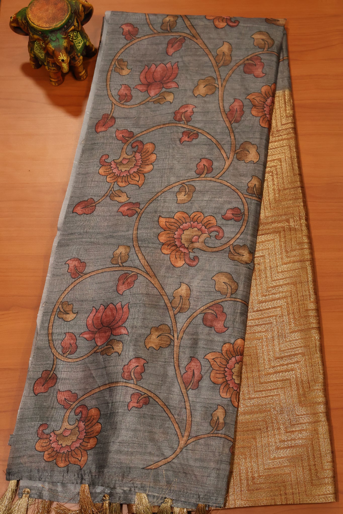 Fushion Kanchipuram Silk Saree-Mustard Zig Zag Zari