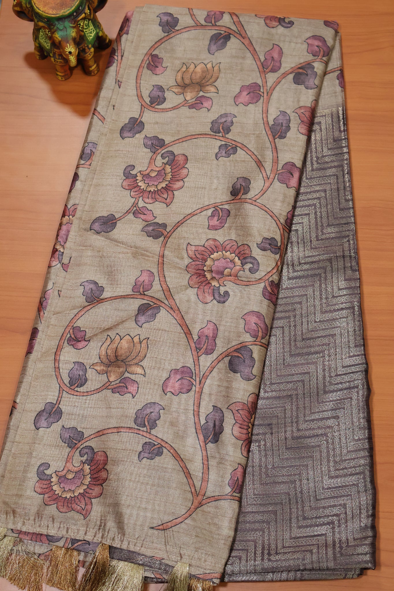 Fushion Kanchipuram Silk Saree-Brown Zig Zag Zari