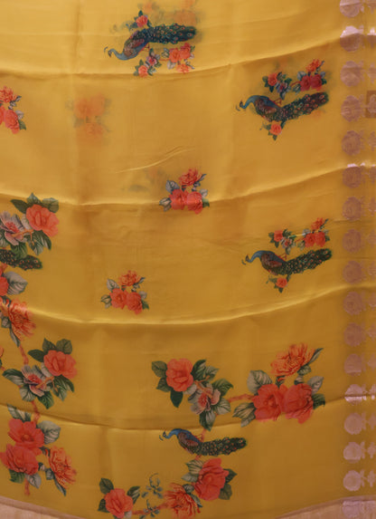 Pure Organza Saree-Lime Yellow Rose Zari