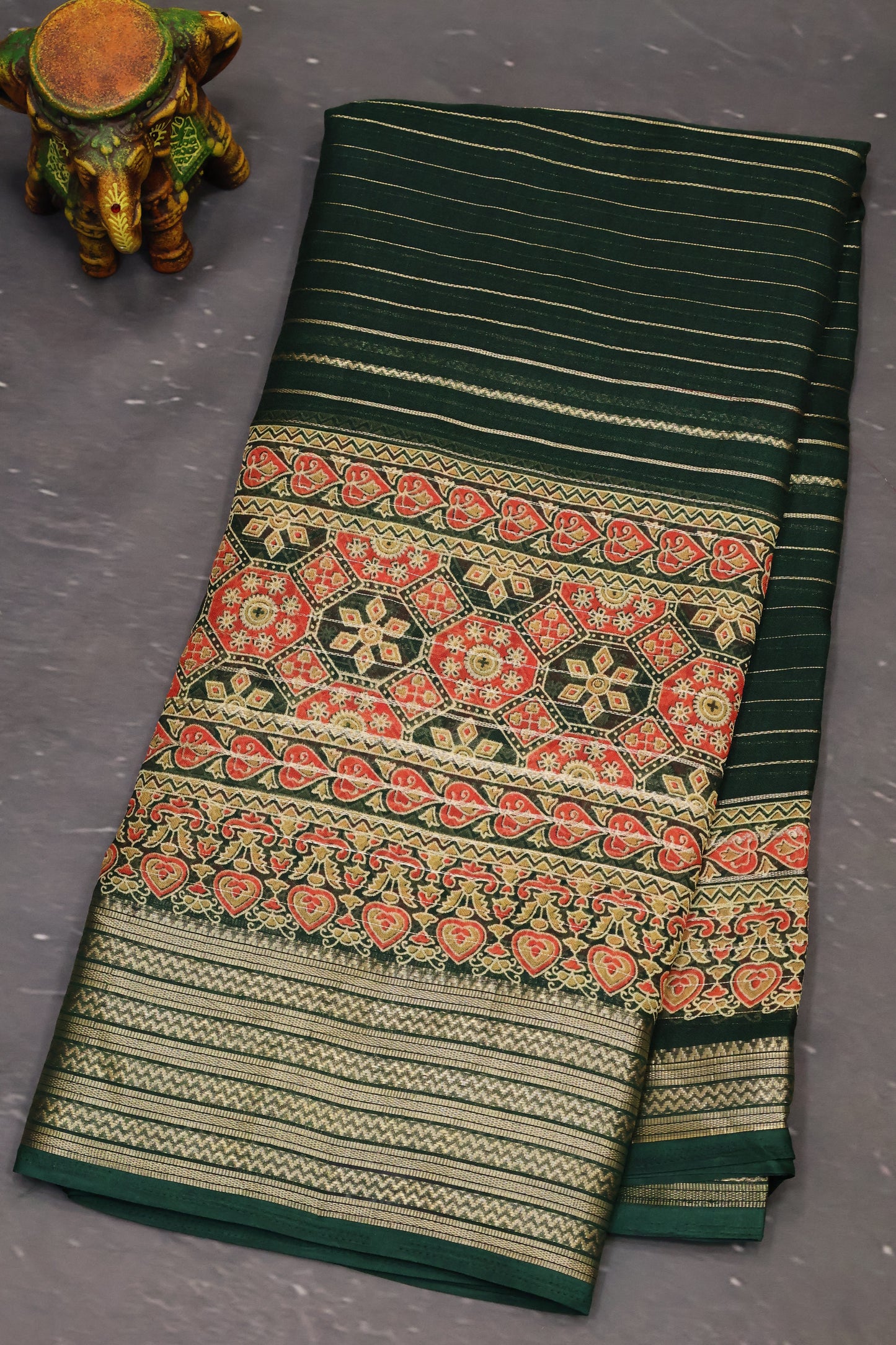 Shiffon Saree-Bottle Green Body Line ajrakh