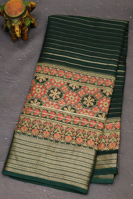 Shiffon Saree-Bottle Green Body Line ajrakh