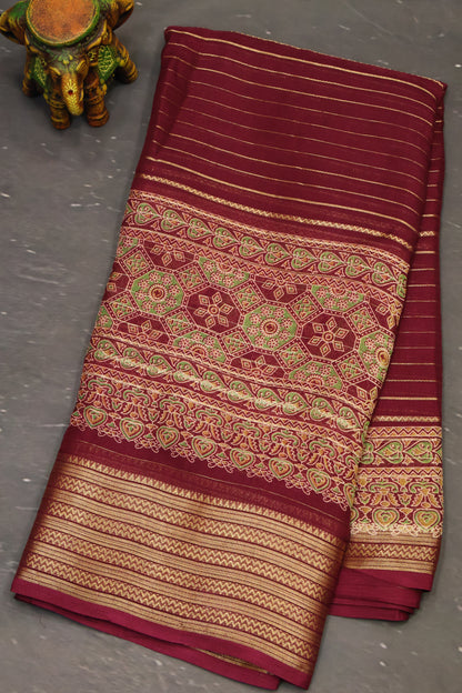 Shiffon Saree-Wine Body Line ajrakh