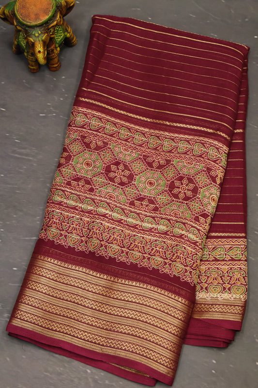 Shiffon Saree-Wine Body Line ajrakh