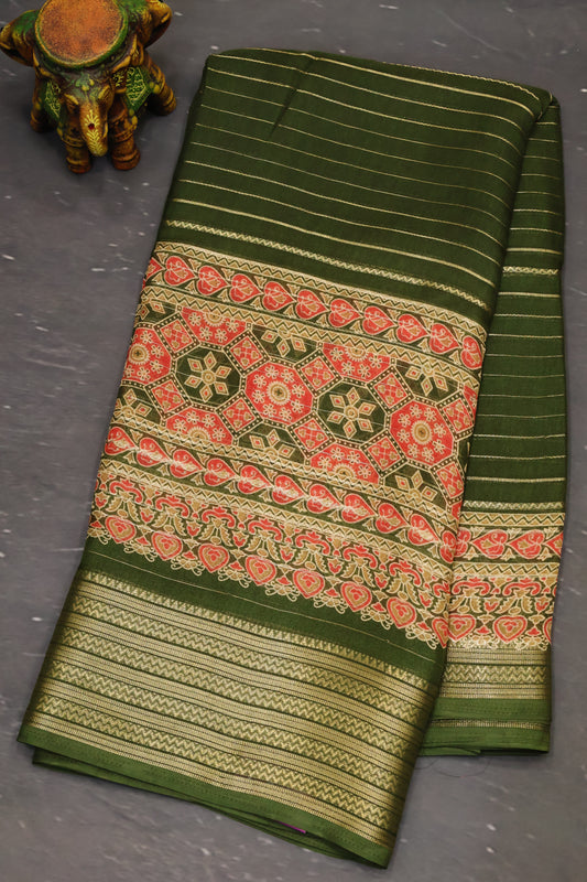 Shiffon Saree-Olive Green Body Line ajrakh