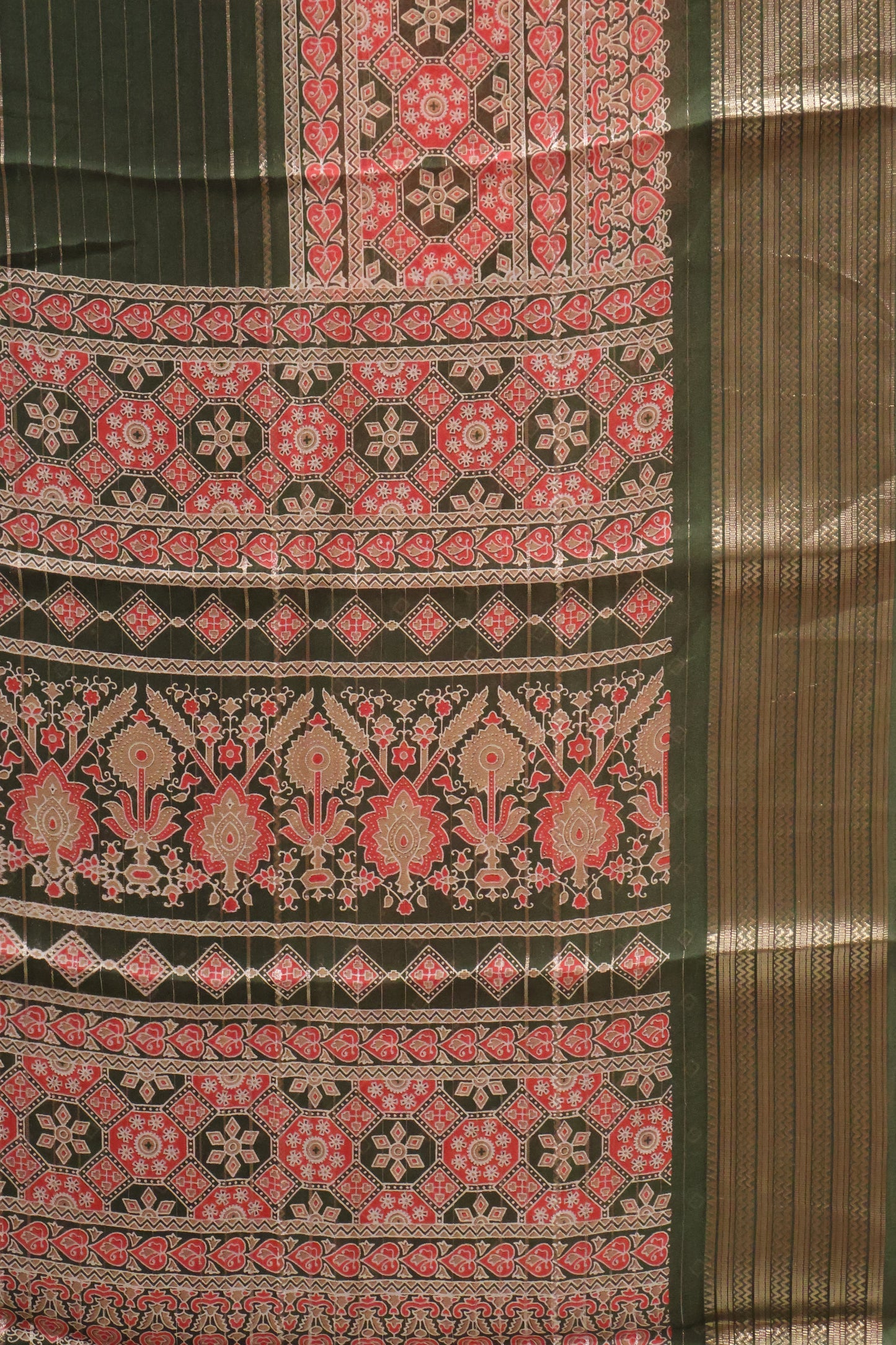 Shiffon Saree-Olive Green Body Line ajrakh