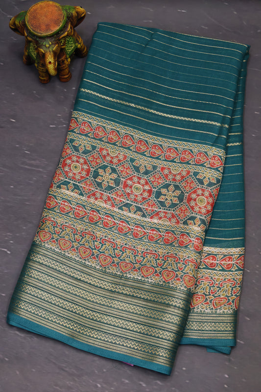 Shiffon Saree-Peacock Green Body Line ajrakh