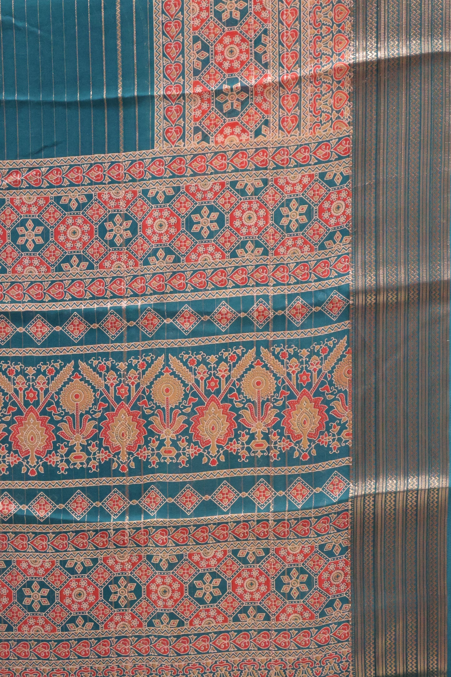 Shiffon Saree-Peacock Green Body Line ajrakh