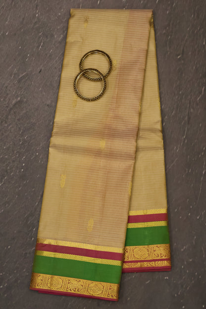 Pure Silk Saree -Cream Blue Dual Border