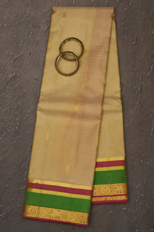 Pure Silk Saree -Cream Blue Dual Border