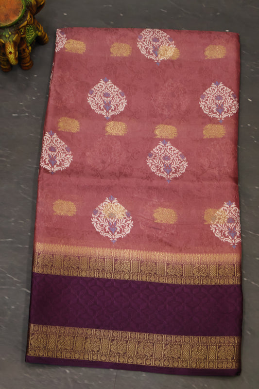 Semi Dola Silk Saree-Purple Print Dark Double Border