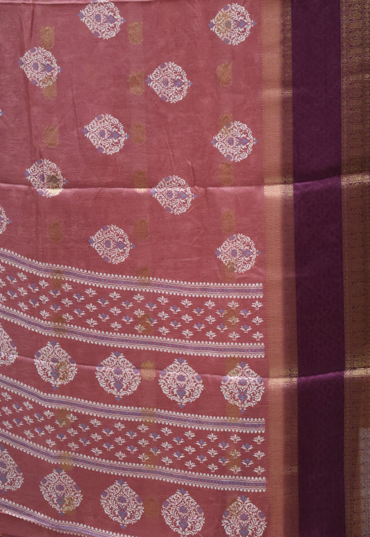 Semi Dola Silk Saree-Purple Print Dark Double Border