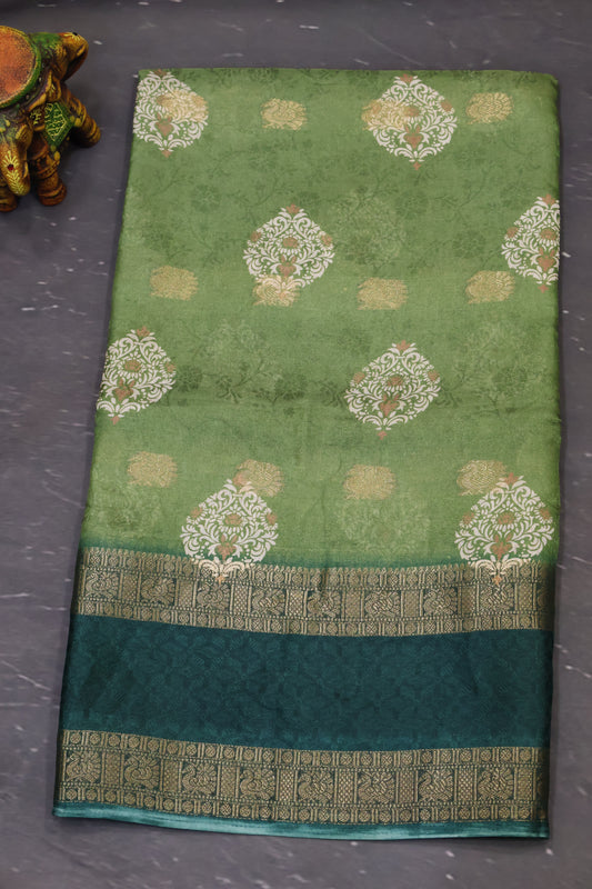 Semi Dola Silk Saree-Green Print Dark Double Border