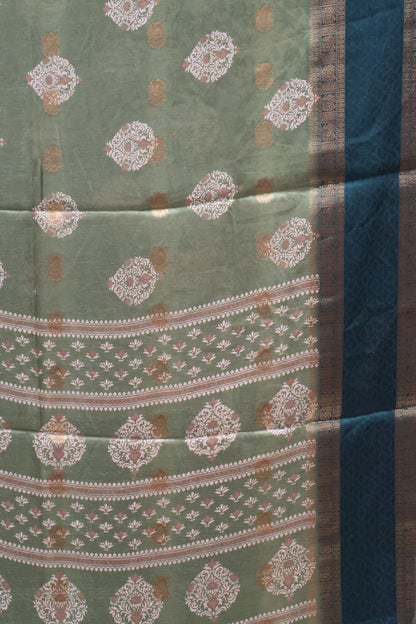 Semi Dola Silk Saree-Green Print Dark Double Border