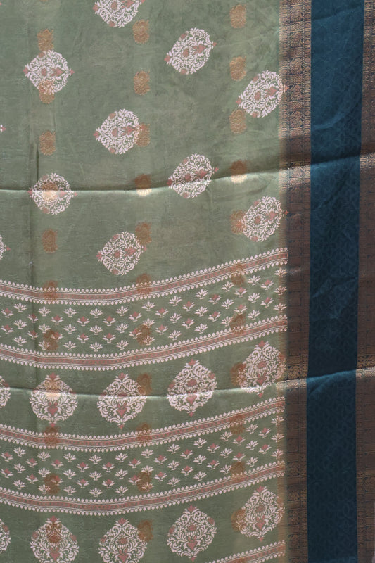 Semi Dola Silk Saree-Green Print Dark Double Border