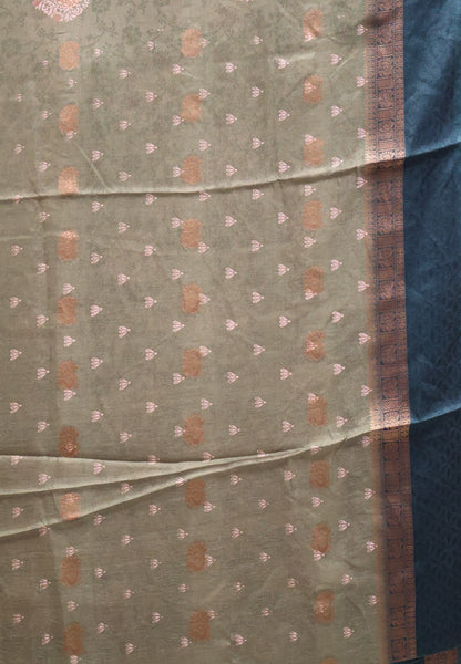 Semi Dola Silk Saree-Green Print Dark Double Border