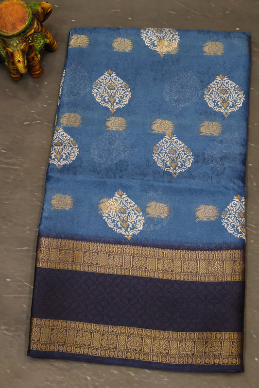 Semi Dola Silk Saree-Peacock Blue Print Dark Double Border
