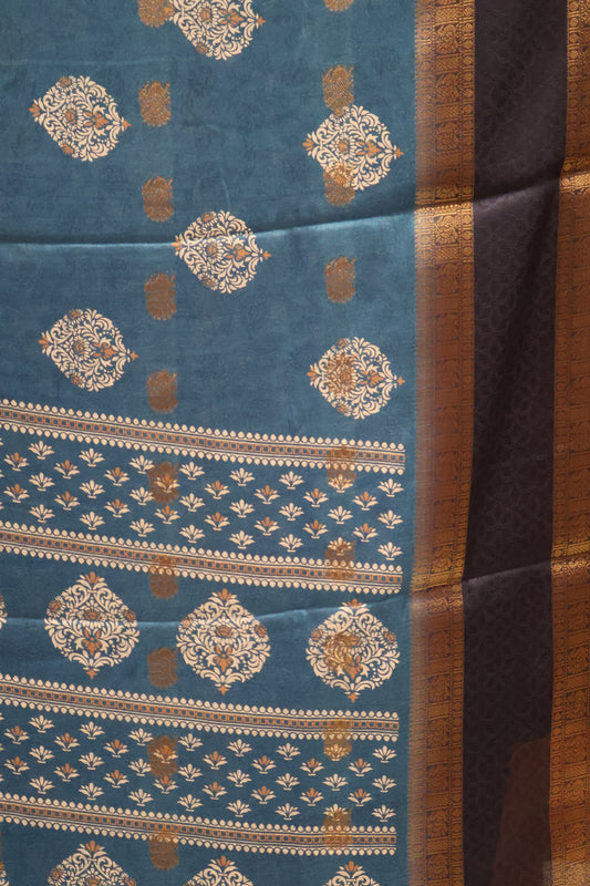 Semi Dola Silk Saree-Peacock Blue Print Dark Double Border