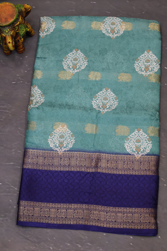 Semi Dola Silk Saree-Metalic Green-Blue Print Dark Double Border