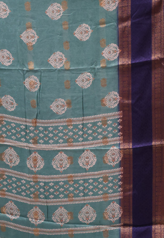 Semi Dola Silk Saree-Metalic Green-Blue Print Dark Double Border