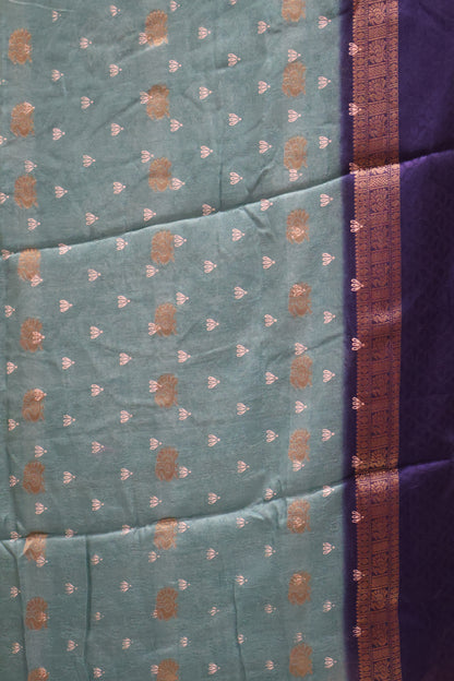 Semi Dola Silk Saree-Metalic Green-Blue Print Dark Double Border