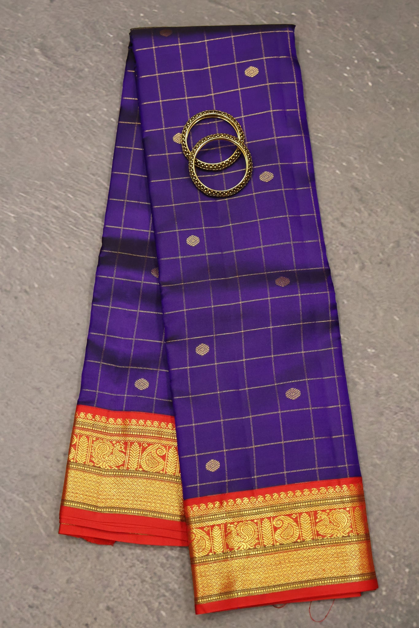 Pure Kanchipuram Silk Saree-Royal Blue Checks Mayil Border