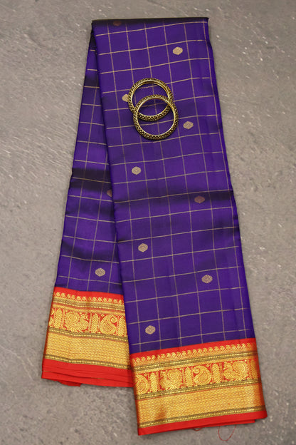 Pure Kanjivaram Silk Saree-Royal Blue Checks Mayil Border