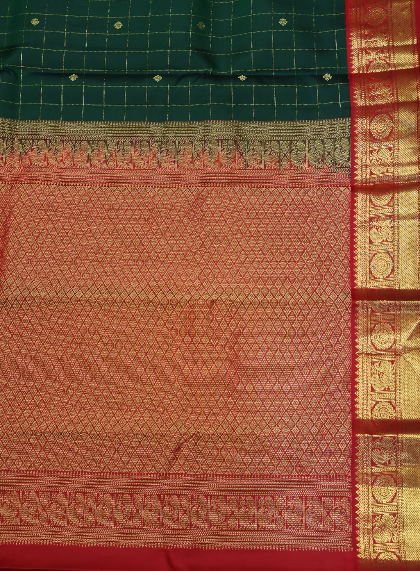 Pure Kanjivaram Silk Saree-Bottle Green Checks Mayil Border