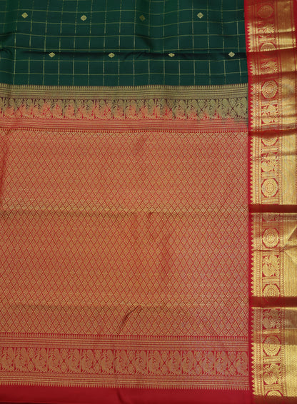Pure Kanjivaram Silk Saree-Bottle Green Checks Mayil Border