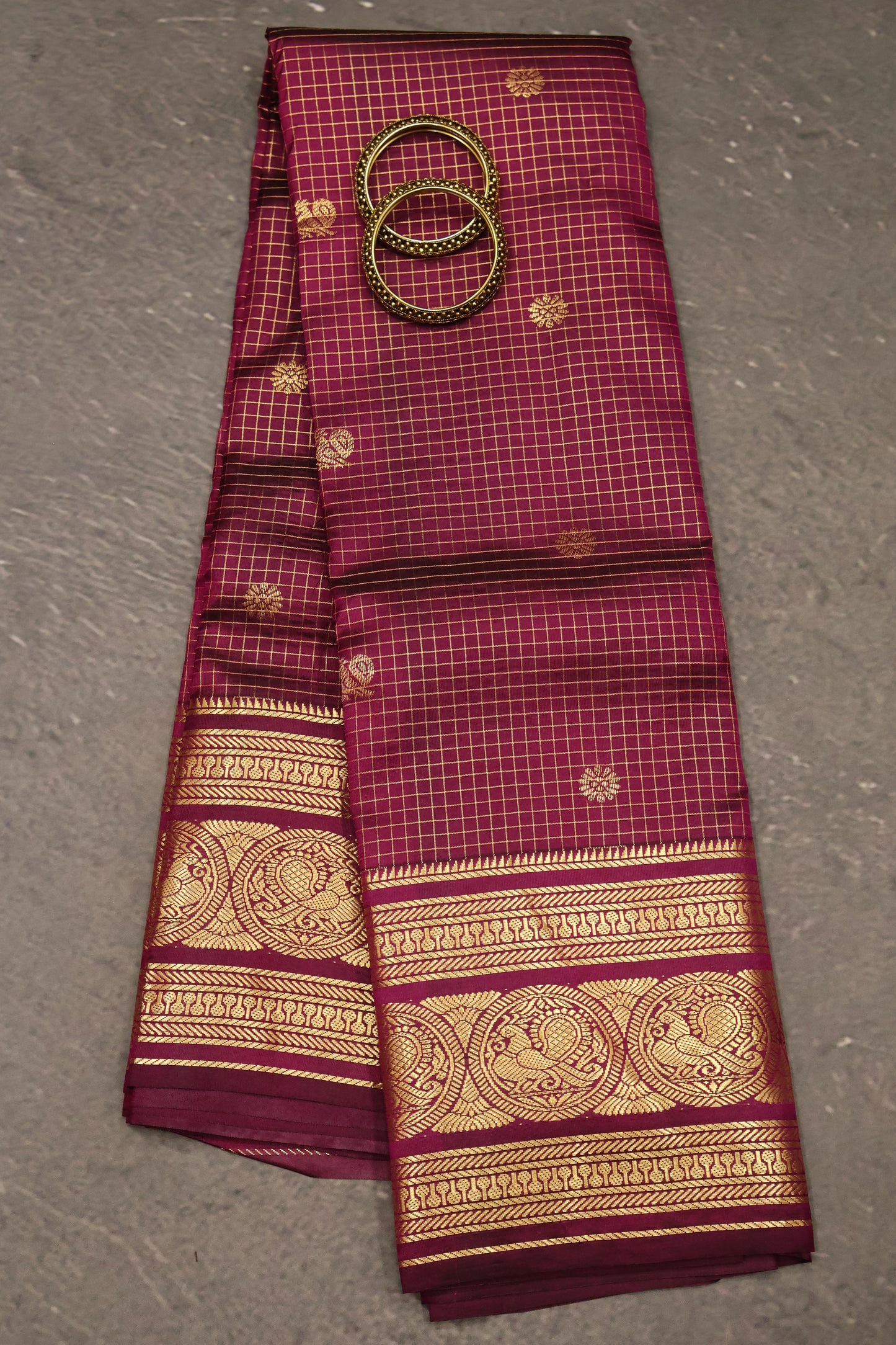 Pure Kanjivaram Silk Saree-Magenta Square Checks Mayil Border