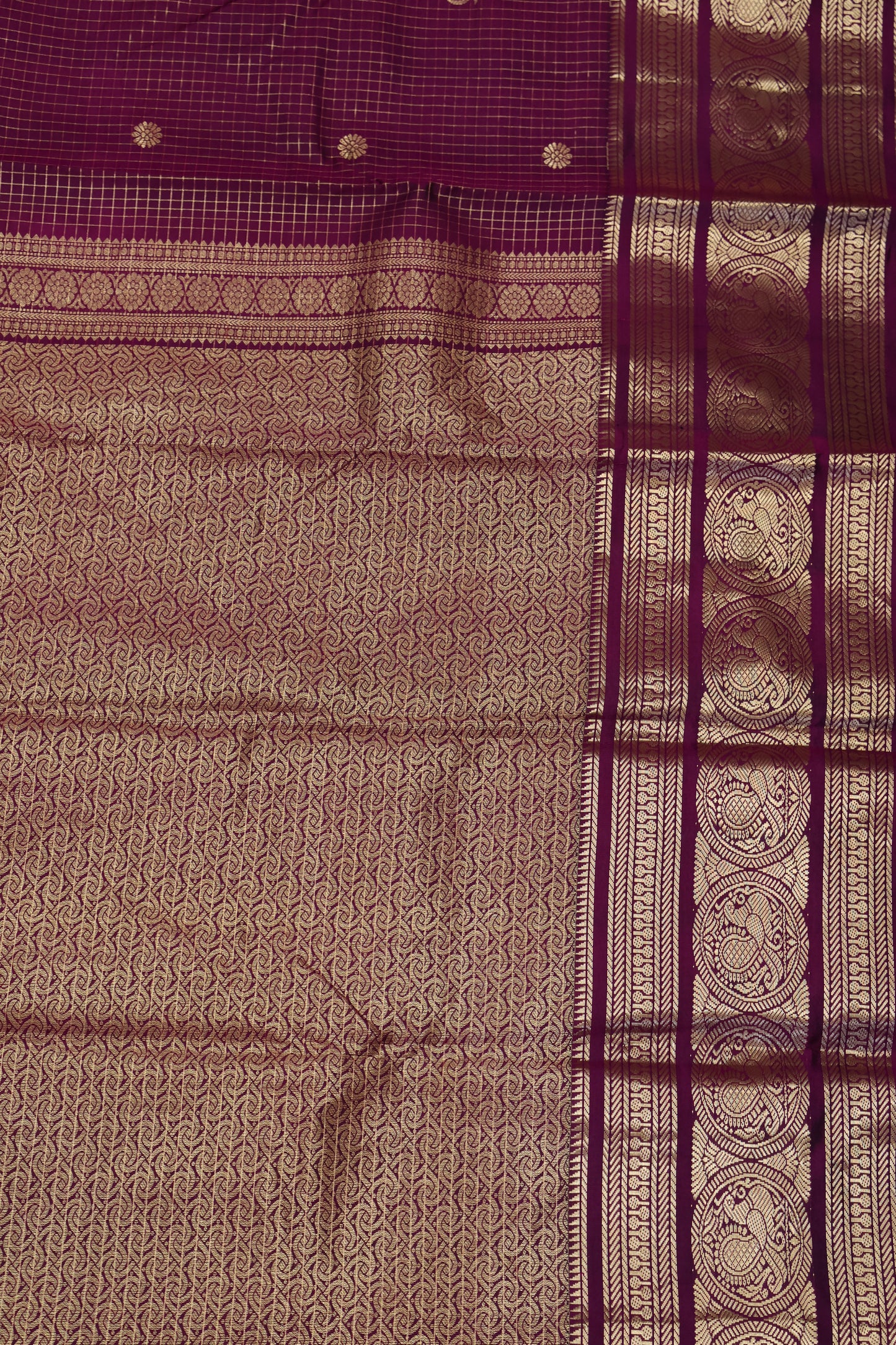 Pure Kanjivaram Silk Saree-Magenta Square Checks Mayil Border