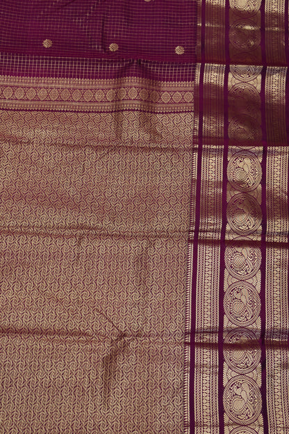Pure Kanjivaram Silk Saree-Magenta Square Checks Mayil Border