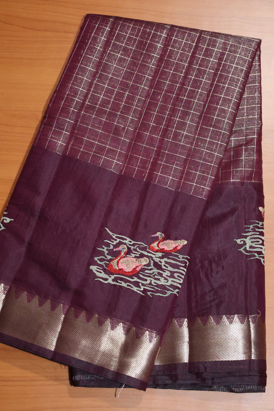 Mangal Giri Silk Saree-Wine Swan Print
