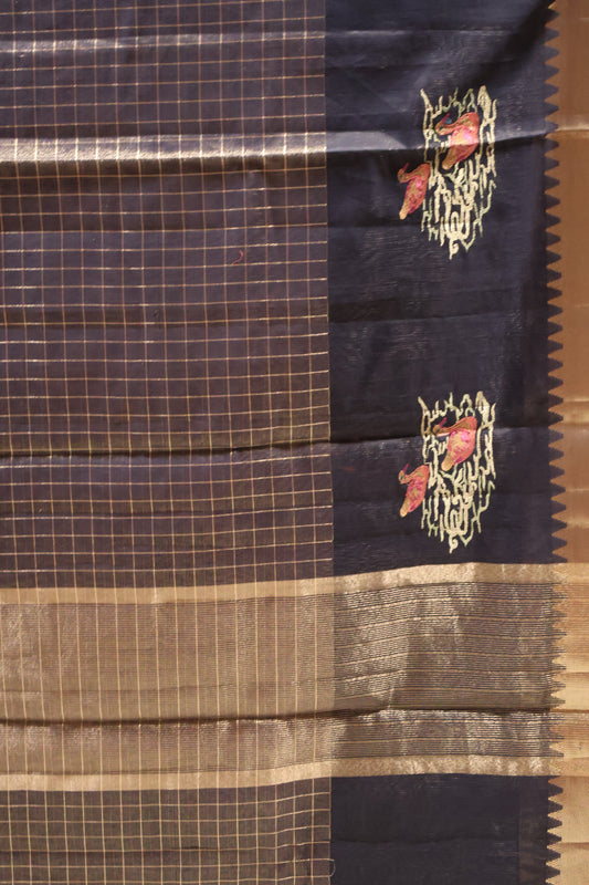 Mangal Giri Silk Saree-Navy Blue Swan Print